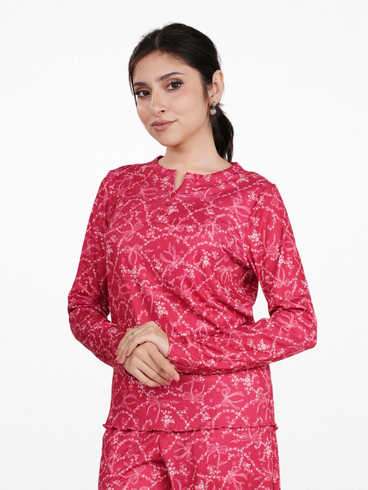 Women's Henley Long Sleeve Printed Top – Soft & Stretchy Rib Knit Casual T-Shirt