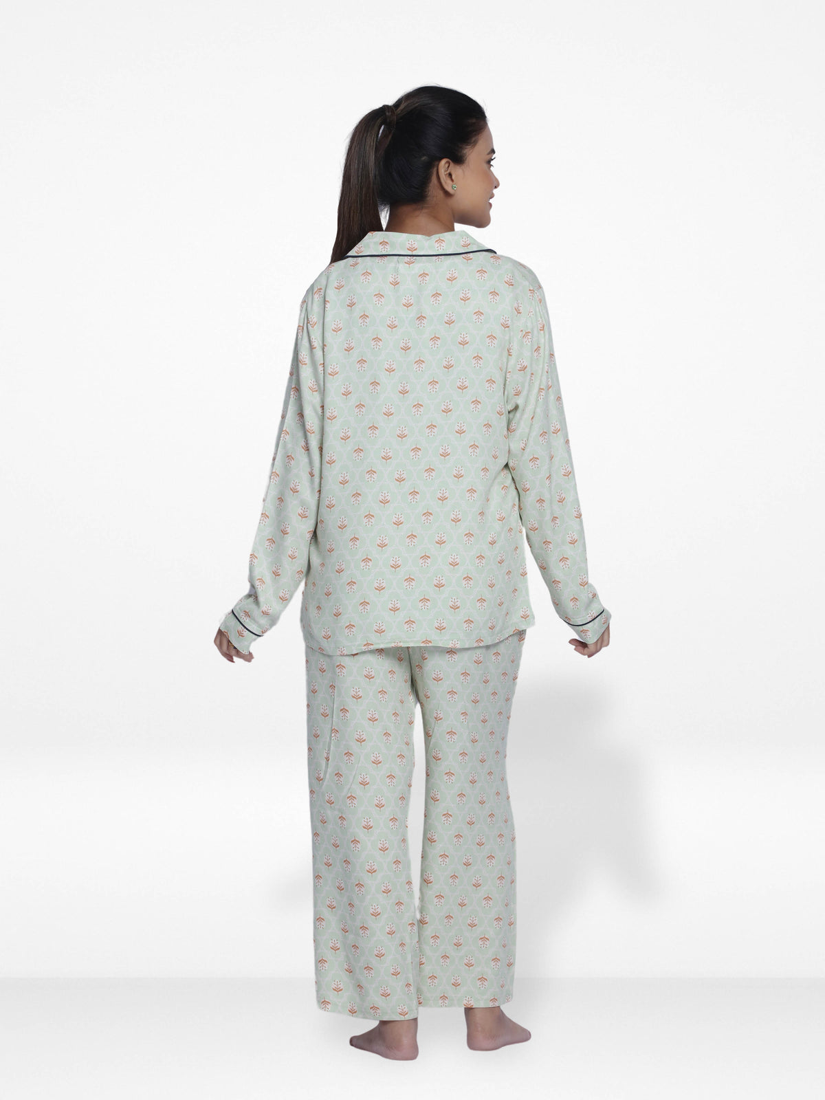 Women Light GreenSleepwear Long Sleeve Pyjama Set