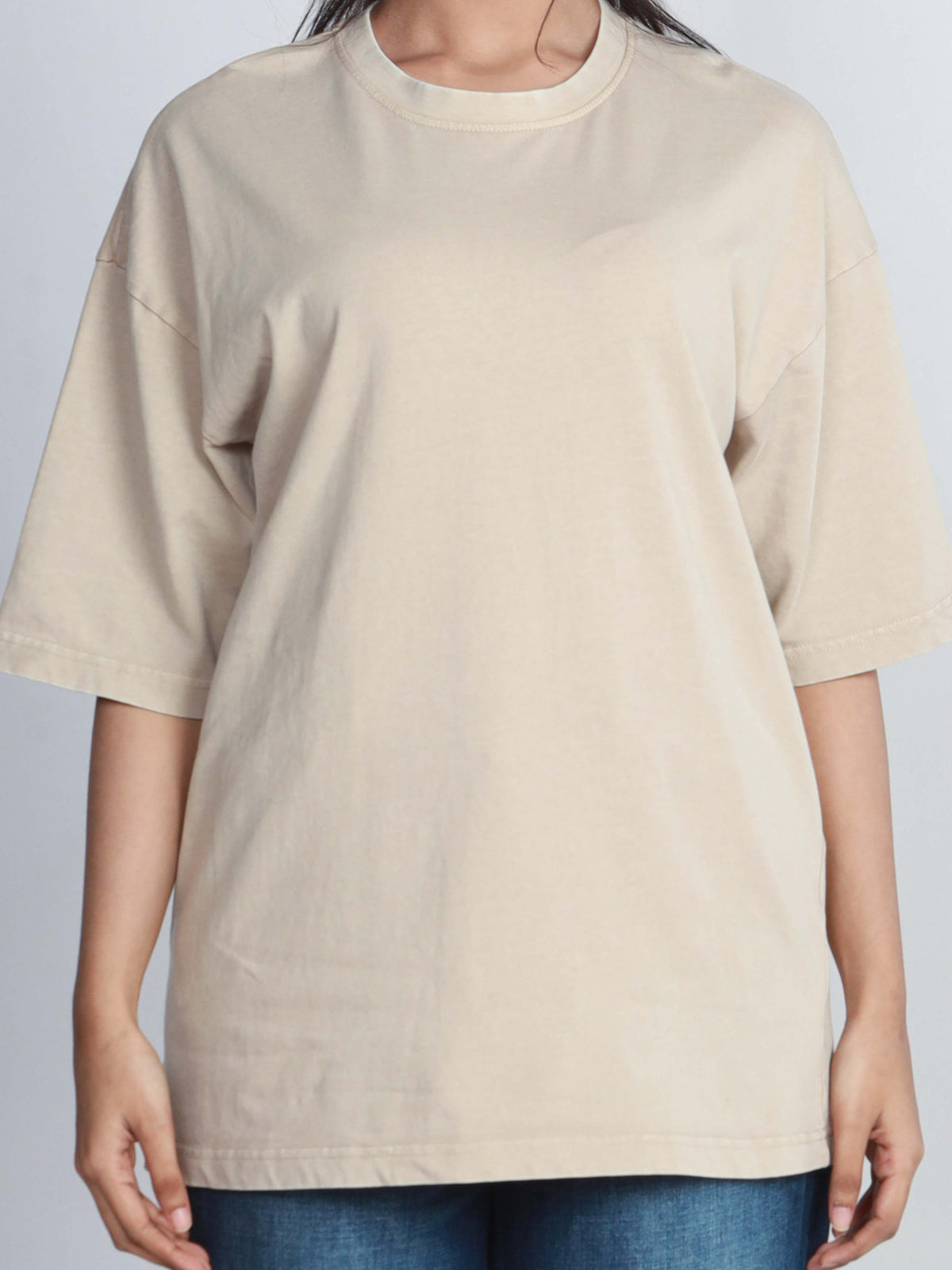 Unisex Drop Shoulder T-Shirt – Classic Solid Short Sleeve Acid wash Tee, Cotton Blend Comfortable Casual Wear - Beige