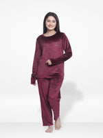 Women Velour Sleepwear Long Sleeve Pyjama Set Wine