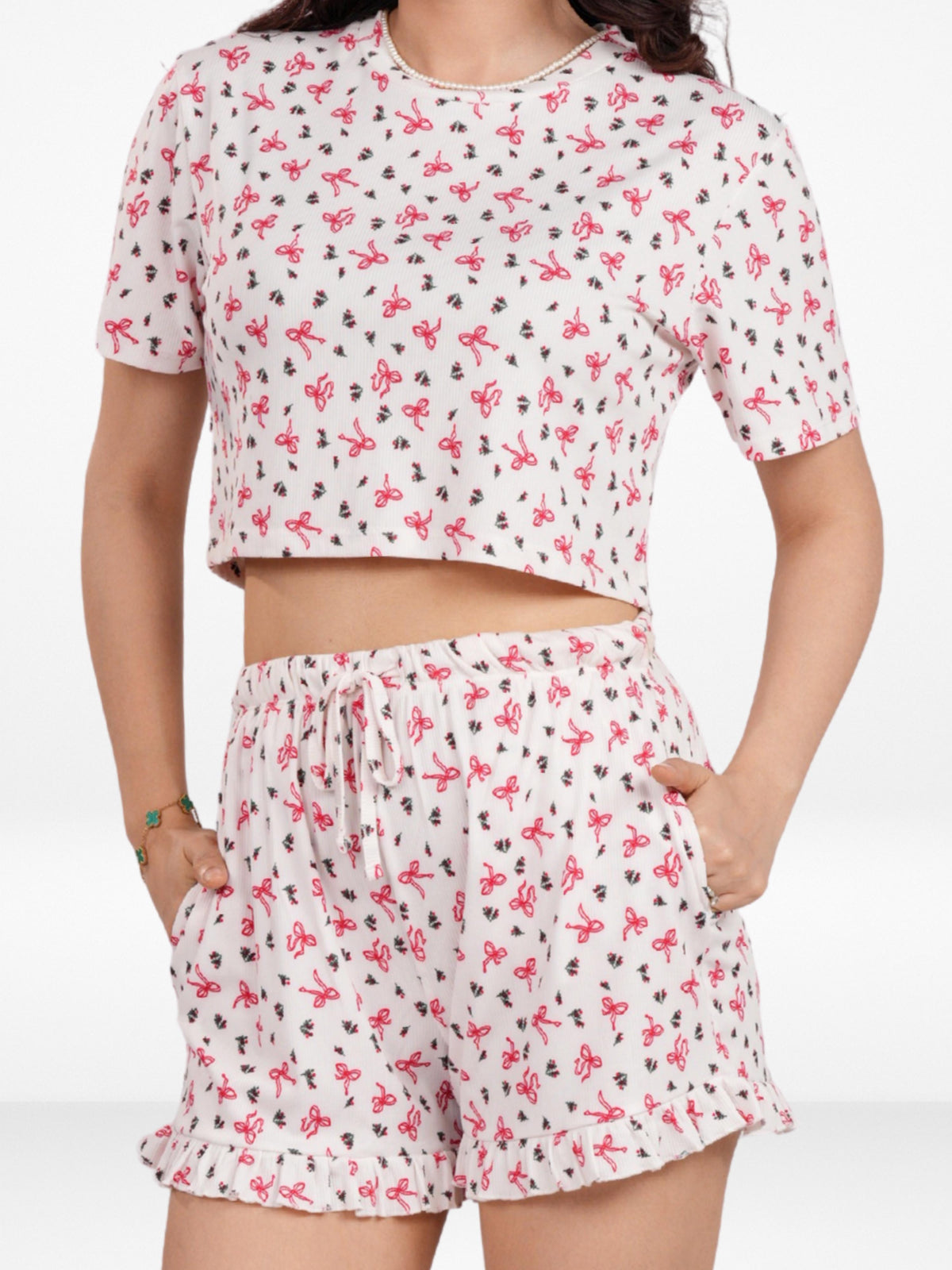 Women’s All Over Printed Crop Top Set – Crew Neck Half Sleeve Tee & Matching Bottom | Trendy Casual Two-Piece Wear