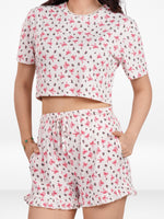 Women’s All Over Printed Crop Top Set – Crew Neck Half Sleeve Tee & Matching Bottom | Trendy Casual Two-Piece Wear