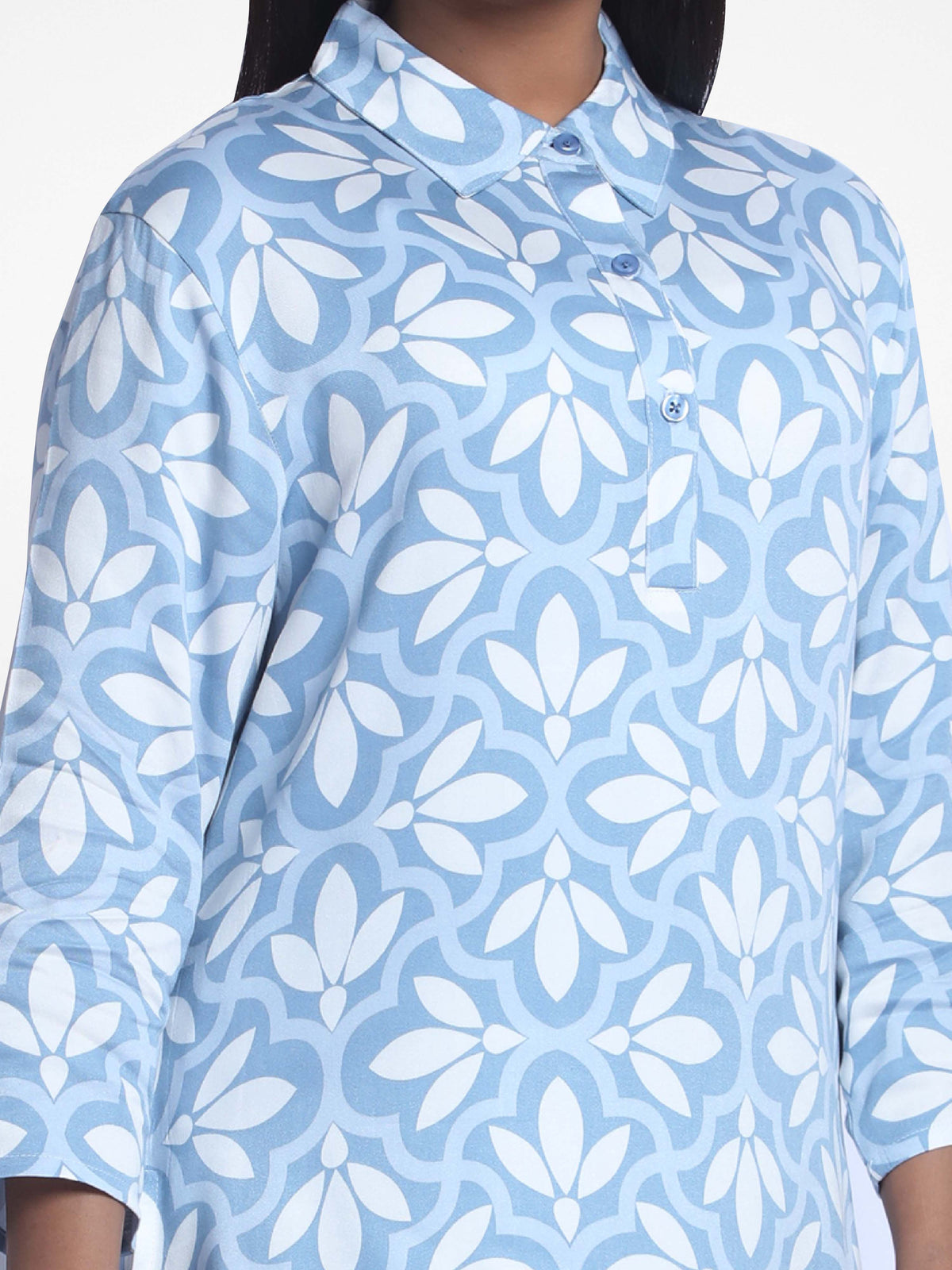 Women Sky Blue Aop Print Co-Ord Set with Luxury Details