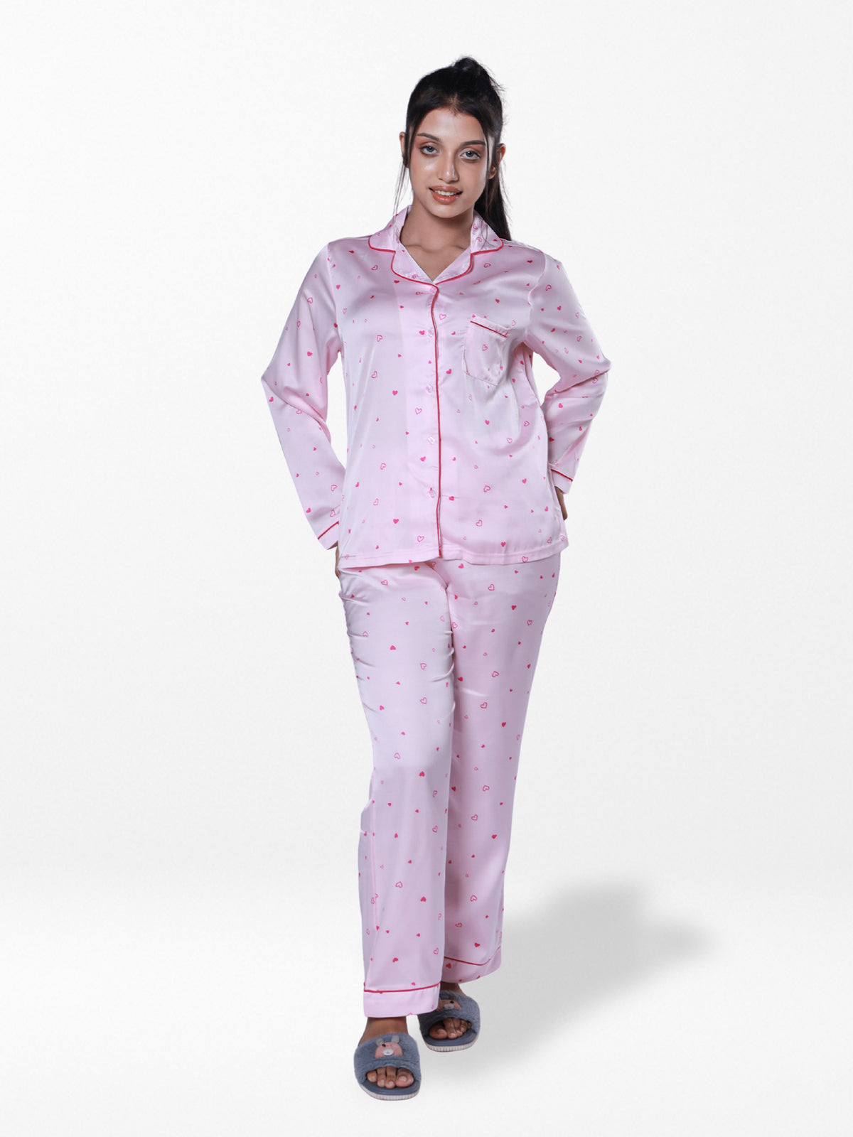 Women’s Satin Pajama Set – Long Sleeve Button Down with Notch Collar & Contrast Piping | 2 Piece Silk Sleepwear with Long Pants