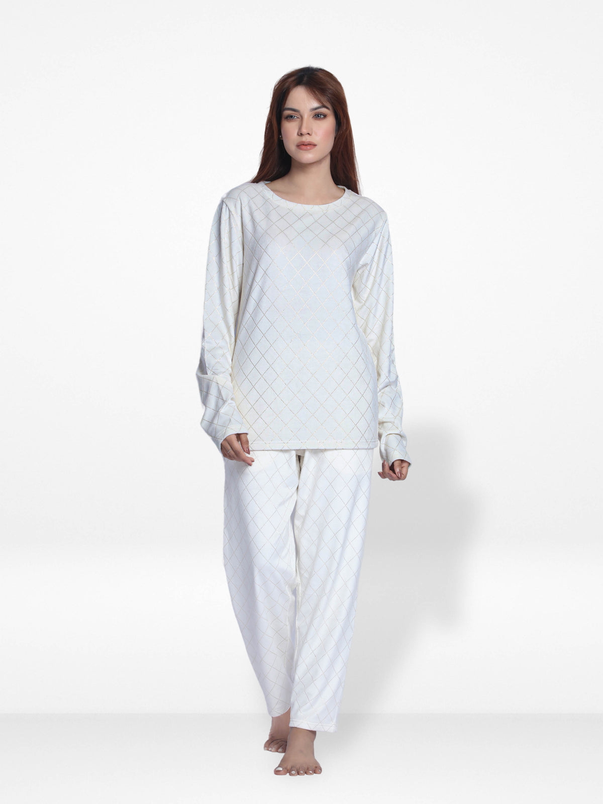 Women Velour Sleepwear Long Sleeve Pyjama Set White Foil Print