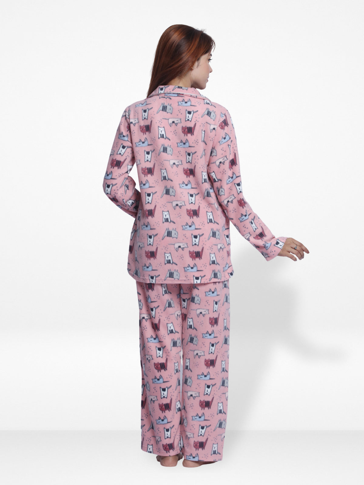 WomenMicro Polar Fleece Pink Cat print Sleepwear Long Sleeve Pyjama Set