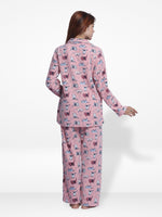 WomenMicro Polar Fleece Pink Cat print Sleepwear Long Sleeve Pyjama Set