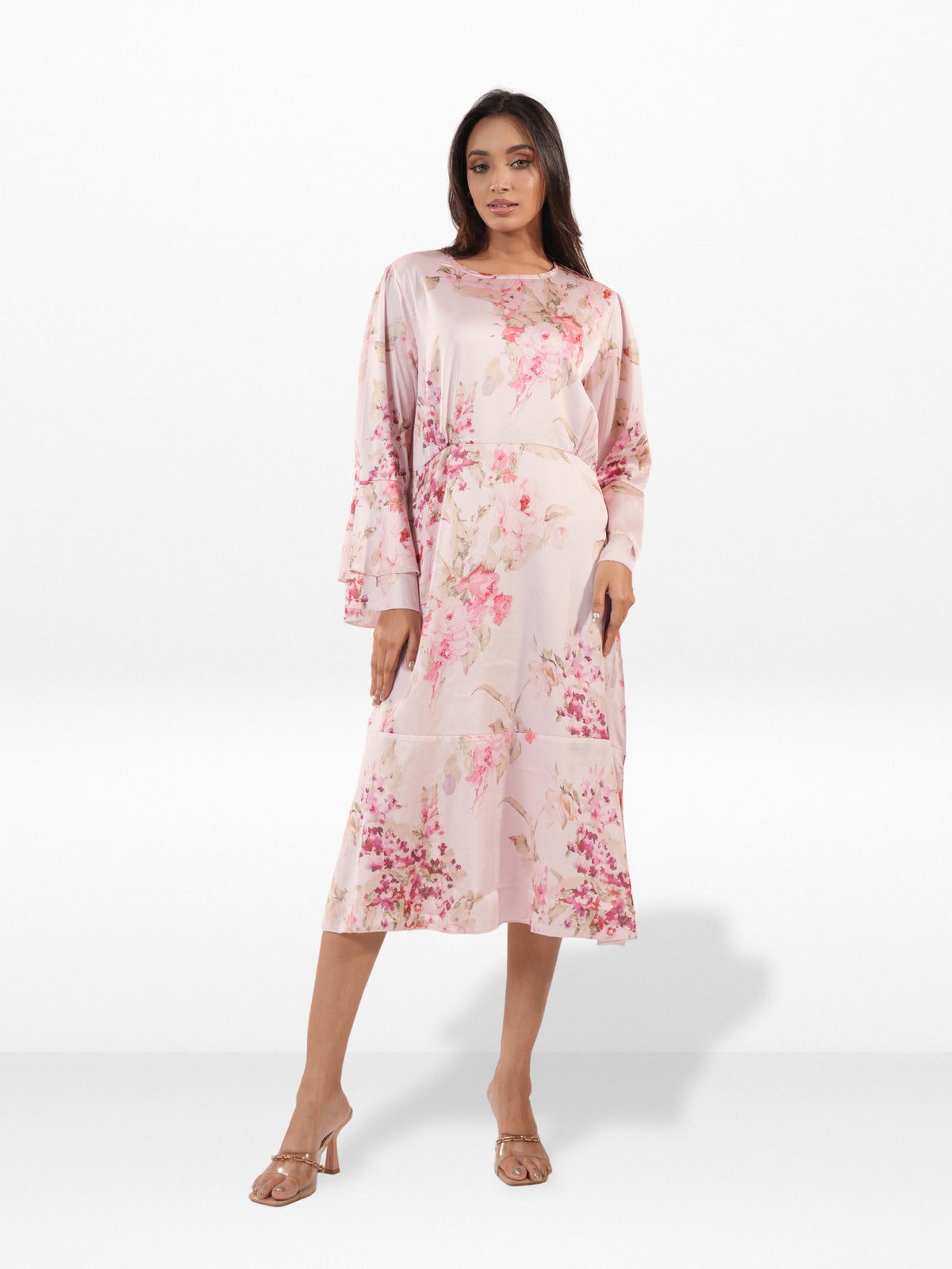 Women's Puff Sleeve Floral Satin Midi Dress