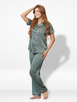 3pcs Women Satin Pajama Set. Contrast Piping, Notch Collar & Button Down.