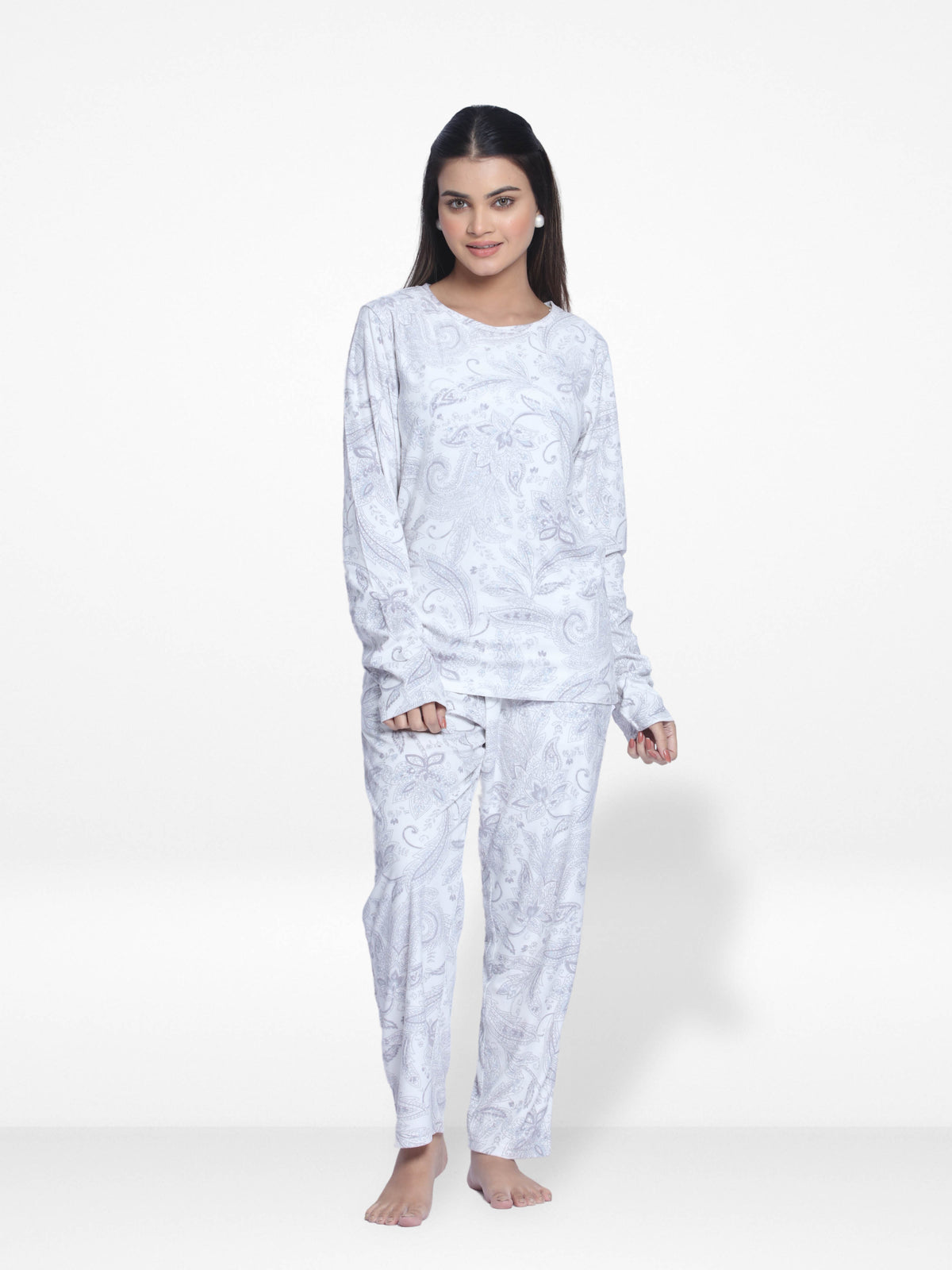 Women Velour Sleepwear Long Sleeve Pyjama Set White