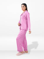 Satin Pajama Set for Women - Contrast Piping, Notch Collar, Button Down, Long Sleeve Long Pant