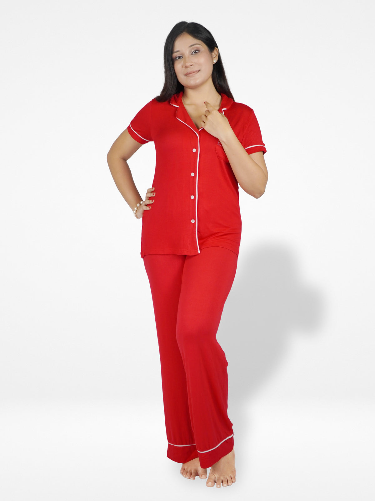 Women's Solid Color Notch collar Sleepwear Set.