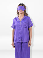Satin Pajama Set for Women - Contrast Piping, Notch Collar, Button Down, Short Sleeve Long Pant & Sleep Eye Mask