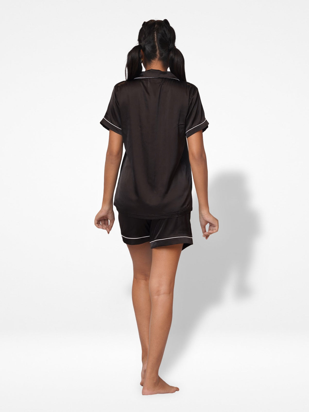 3pcs Women Satin Pajama Set. Contrast Piping, Notch Collar & Button Down.