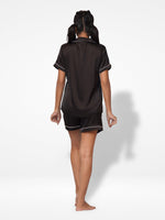 3pcs Women Satin Pajama Set. Contrast Piping, Notch Collar & Button Down.