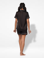 3pcs Women Satin Pajama Set. Contrast Piping, Notch Collar & Button Down.