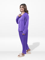 Satin Pajama Set for Women - Contrast Piping, Notch Collar, Button Down, Long Sleeve Long Pant