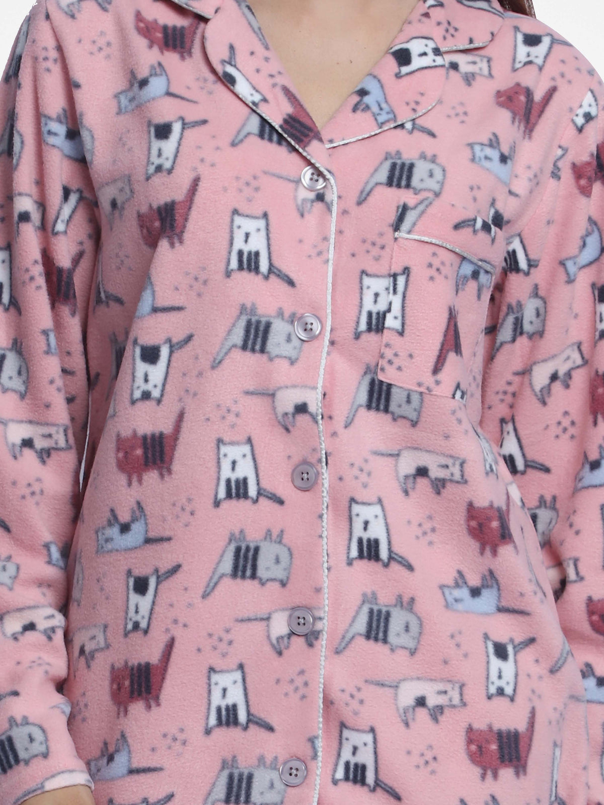 WomenMicro Polar Fleece Pink Cat print Sleepwear Long Sleeve Pyjama Set