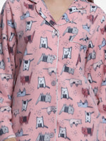 WomenMicro Polar Fleece Pink Cat print Sleepwear Long Sleeve Pyjama Set