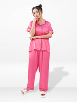 Satin Pajama Set for Women - Contrast Piping, Notch Collar, Button Down, Short Sleeve Long Pant & Sleep Eye Mask
