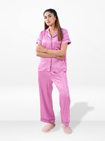 Satin Pajama Set for Women - Contrast Piping, Notch Collar, Button Down, Short Sleeve Long Pant
