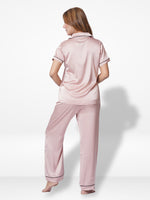 3pcs Women Satin Pajama Set. Contrast Piping, Notch Collar & Button Down.