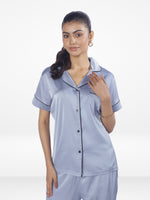 3pcs Women Satin Pajama Set. Contrast Piping, Notch Collar & Button Down.