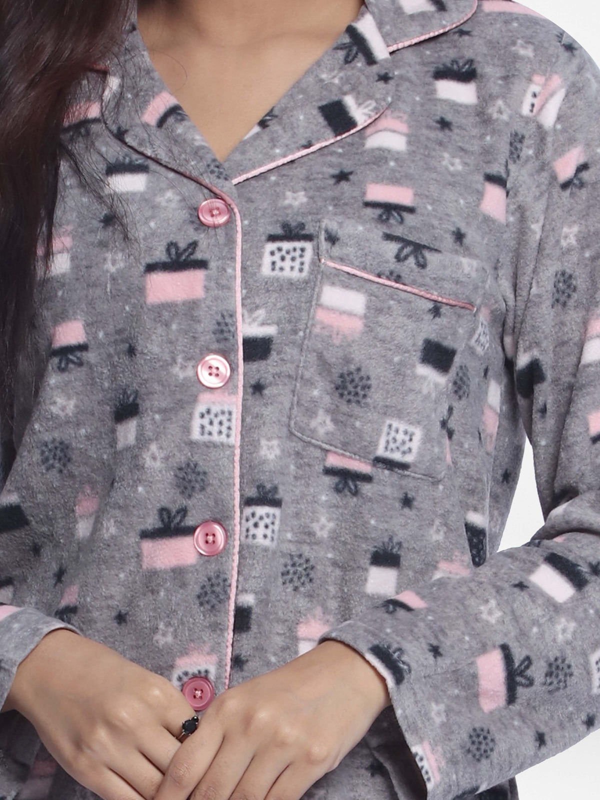 Women Micro Polar Fleece Grey Animal print Sleepwear Long Sleeve Pyjama Set