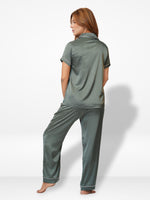 3pcs Women Satin Pajama Set. Contrast Piping, Notch Collar & Button Down.