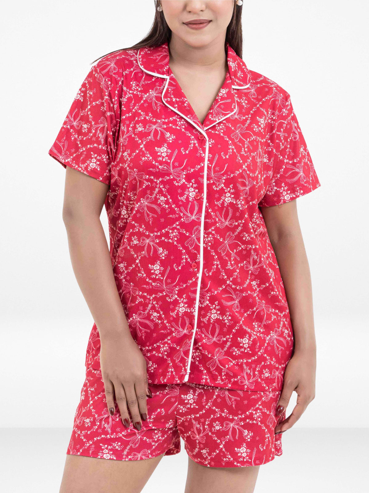 Women’s Notch Collar Sleepwear Set – Short Sleeve All Over Print Pajama Top & Shorts, Soft Comfortable Nightwear