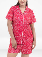 Women’s Notch Collar Sleepwear Set – Short Sleeve All Over Print Pajama Top & Shorts, Soft Comfortable Nightwear