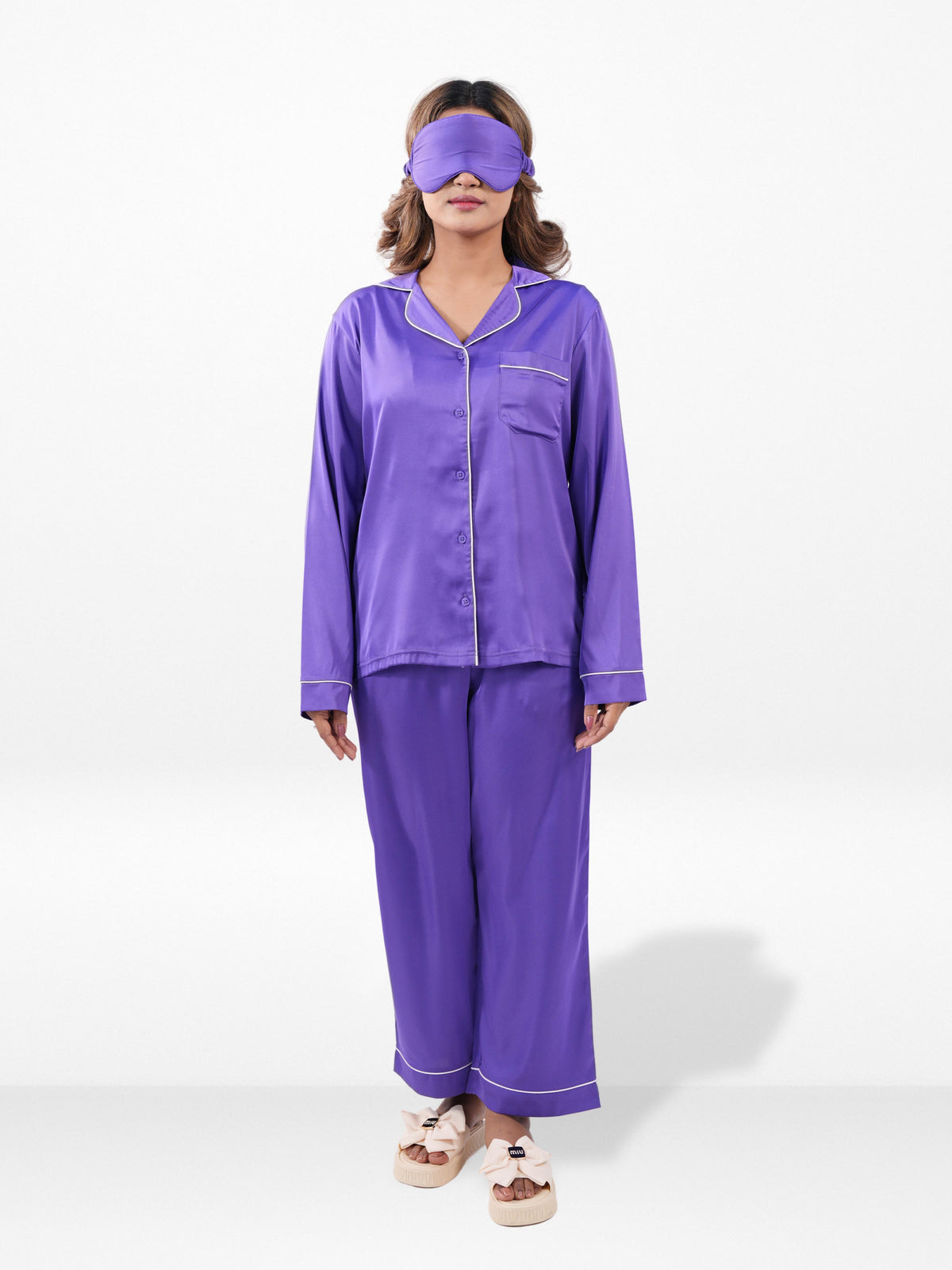 Satin Pajama Set for Women - Contrast Piping, Notch Collar, Button Down, Long Sleeve Long Pant