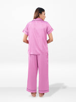 Satin Pajama Set for Women - Contrast Piping, Notch Collar, Button Down, Short Sleeve Long Pant