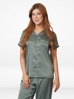 3pcs Women Satin Pajama Set. Contrast Piping, Notch Collar & Button Down.