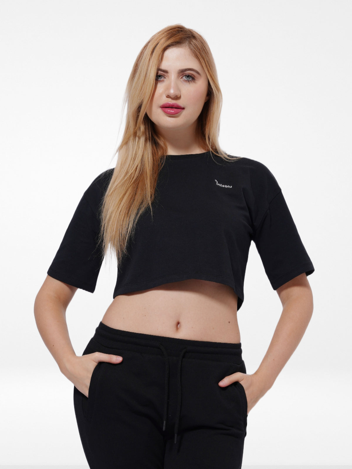 Women Crew Neck Short Crop Top | Black