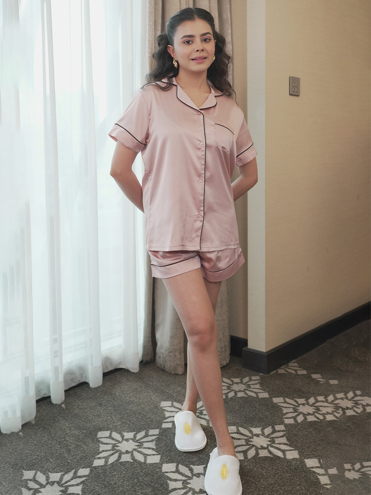 Satin Pajama Set for Women - Contrast Piping, Notch Collar, Button Down, Short Sleeve & Short Pant