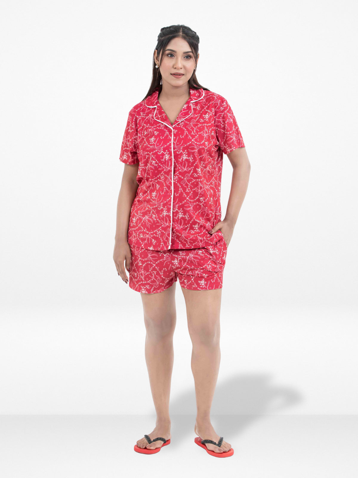 Women's Notch Collar Sleepwear Set Short Sleeve All Over Print Pajama Top & Shorts, Soft Comfortable Nightwear