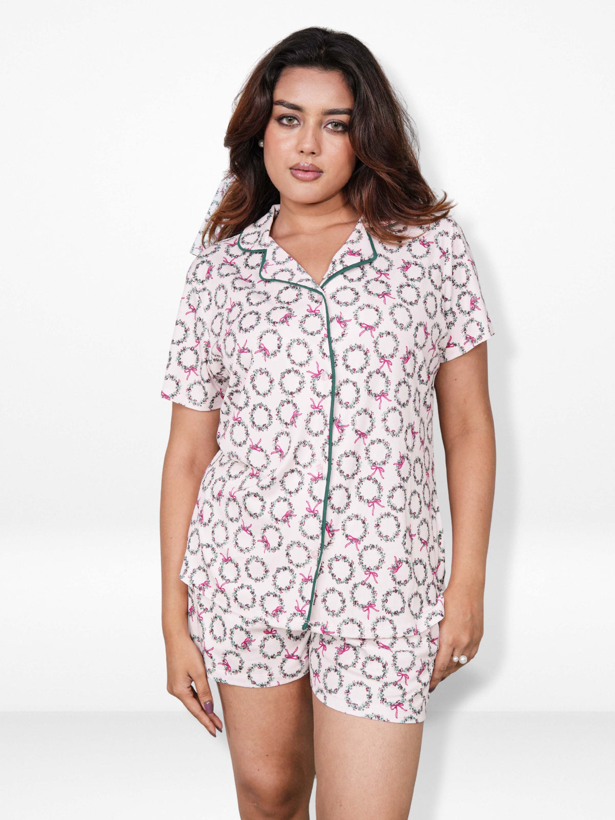 Women’s 3-Piece Pajama Set – Yummy Rib Fabric Sleepwear with Contrast Piping, Notch Collar & Button Down Top,