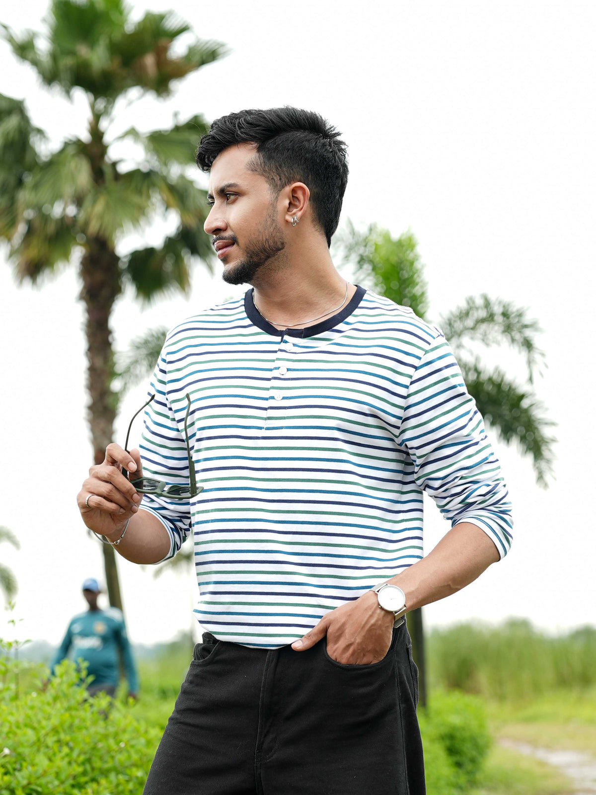 Men’s Striped Henley Neck T-Shirt – Regular Fit Long Sleeve Tee |Soft Stretch Casual Wear