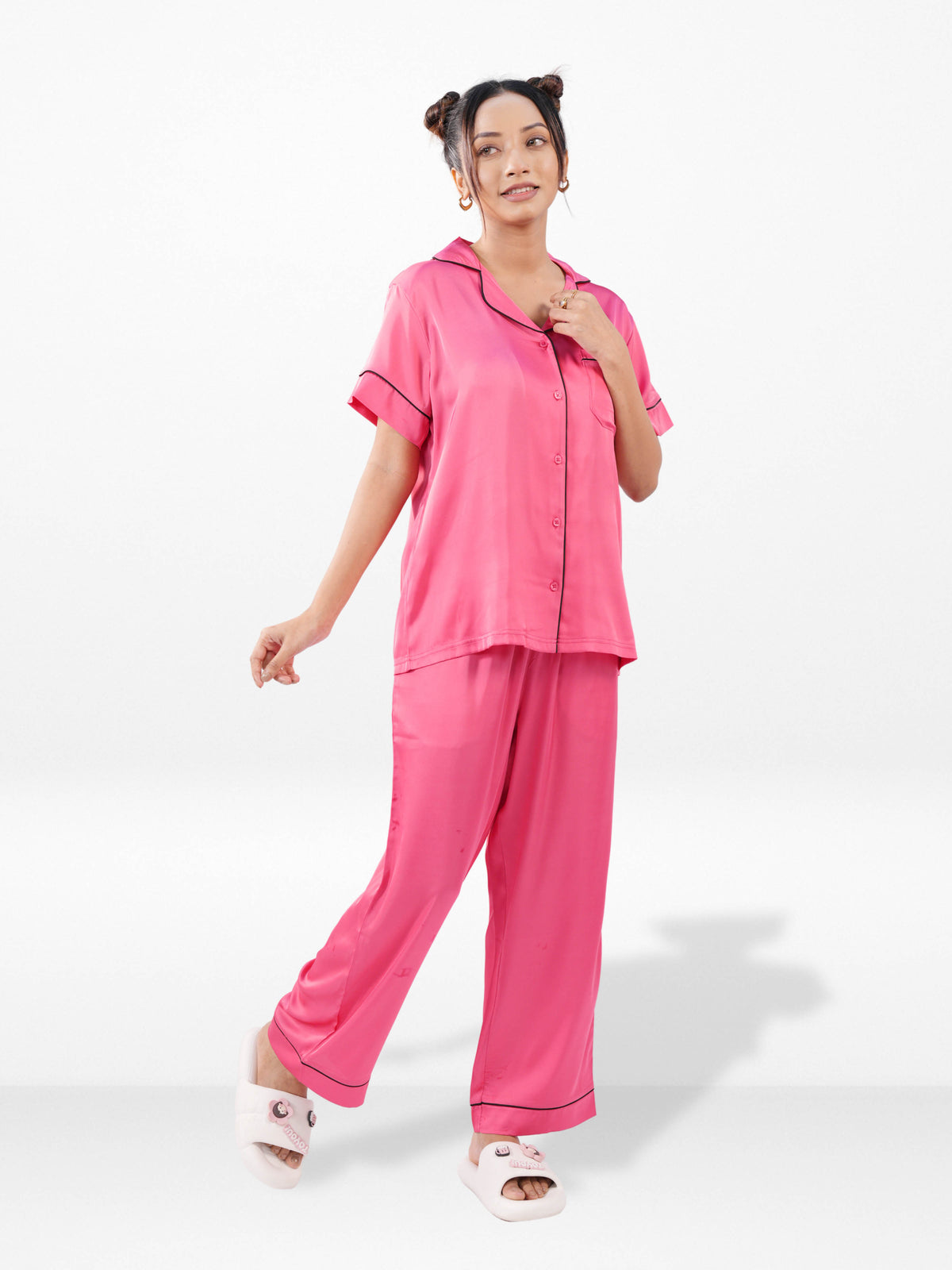Satin Pajama Set for Women - Contrast Piping, Notch Collar, Button Down, Short Sleeve Long Pant & Sleep Eye Mask