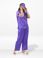 Satin Pajama Set for Women - Contrast Piping, Notch Collar, Button Down, Short Sleeve Long Pant & Sleep Eye Mask