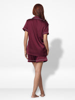 3pcs Women Satin Pajama Set. Contrast Piping, Notch Collar & Button Down.