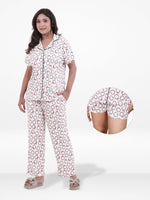 Women’s 3-Piece Pajama Set – Yummy Rib Fabric Sleepwear with Contrast Piping, Notch Collar & Button Down Top,