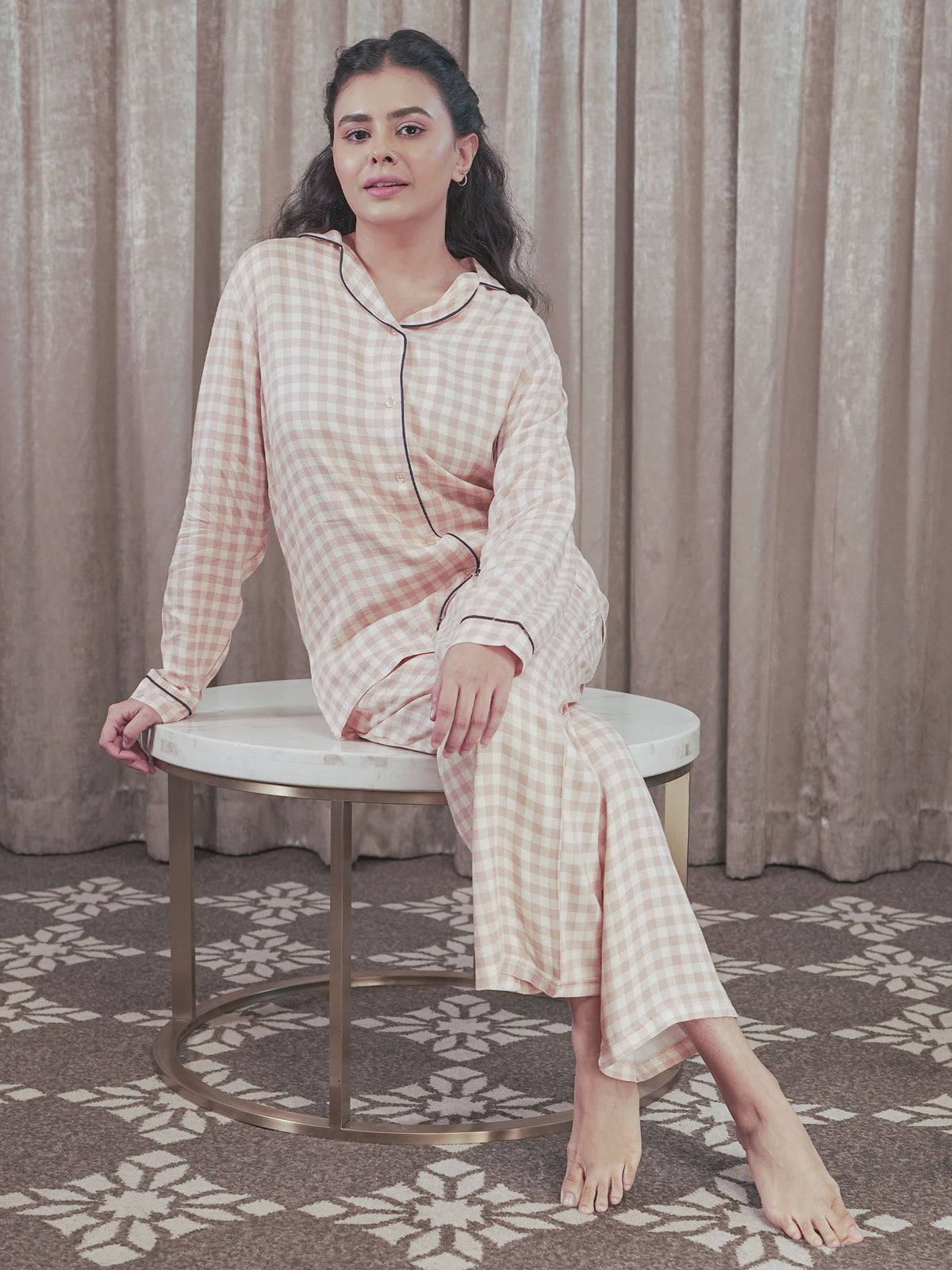 Women Warm Grey CheckSleepwear Long Sleeve Pyjama Set