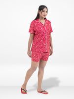Women's Notch Collar Sleepwear Set Short Sleeve All Over Print Pajama Top & Shorts, Soft Comfortable Nightwear