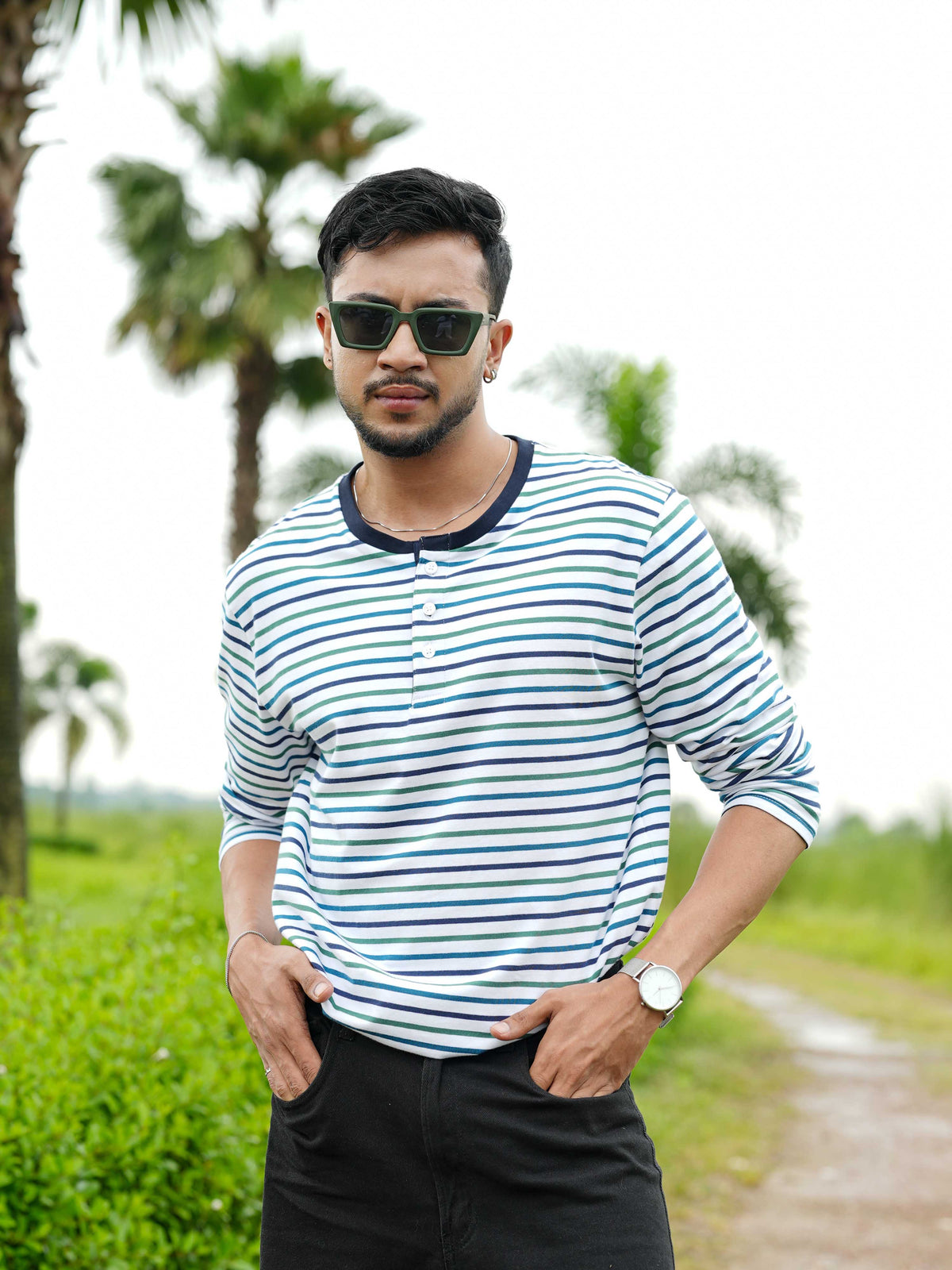 Men’s Striped Henley Neck T-Shirt – Regular Fit Long Sleeve Tee |Soft Stretch Casual Wear