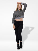 Ladies Cropped Sweat High Neck Sweatshirt In Black Color