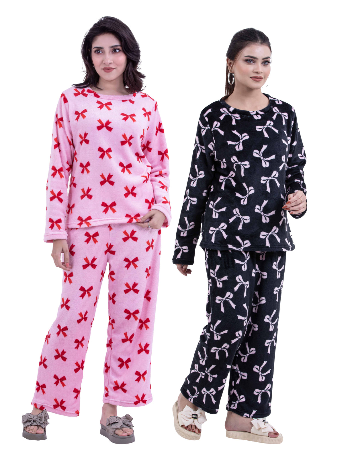 Women’s Pink Bows All overPrinted Pyjama Set – Long Sleeve Top & Pants, Soft Comfortable 2-Piece Sleepwear Nightwear for Cozy Winter Nights