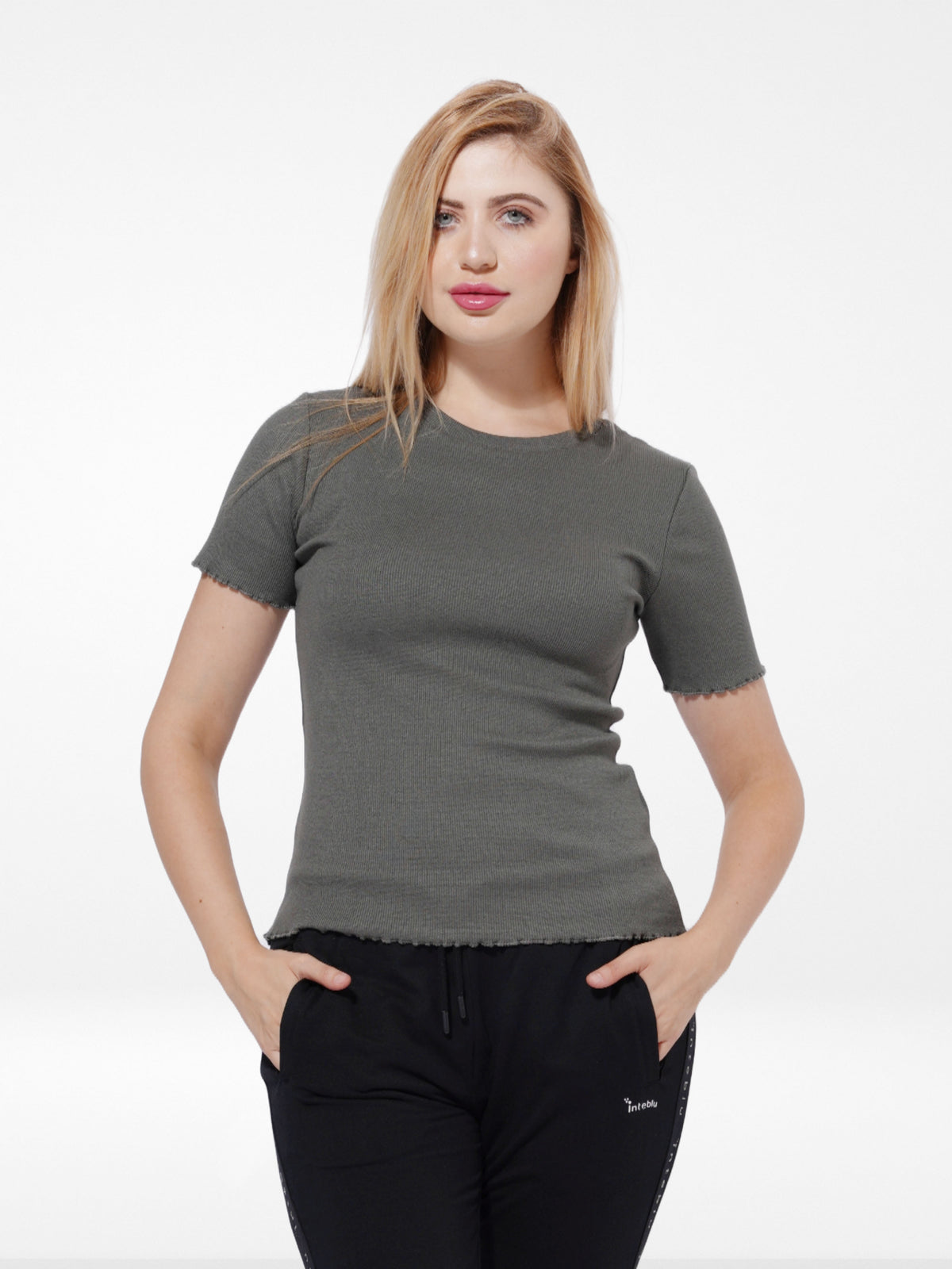 Women OLIVE Rib Short Sleeve T-Shirt