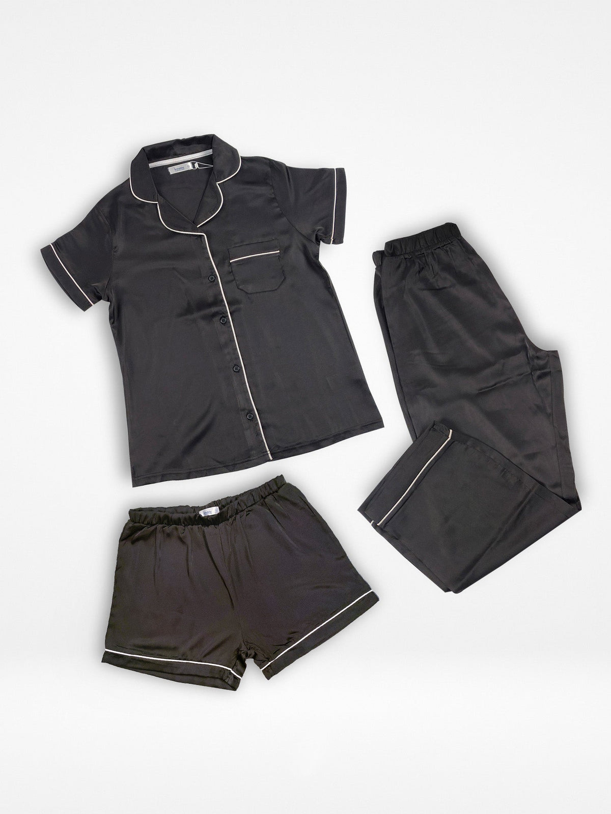 3pcs Women Satin Pajama Set. Contrast Piping, Notch Collar & Button Down.